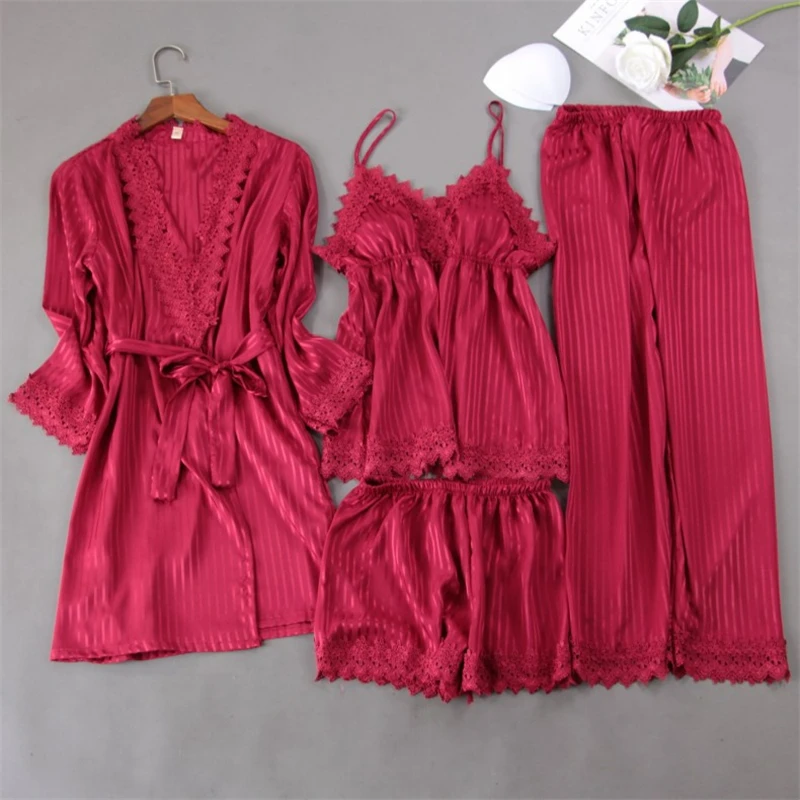 

4PCS Pajamas Satin Home Clothing Women Casual Pink Pyjamas Suit Nightwear Intimate Lingerie Sleepwear Nightgown