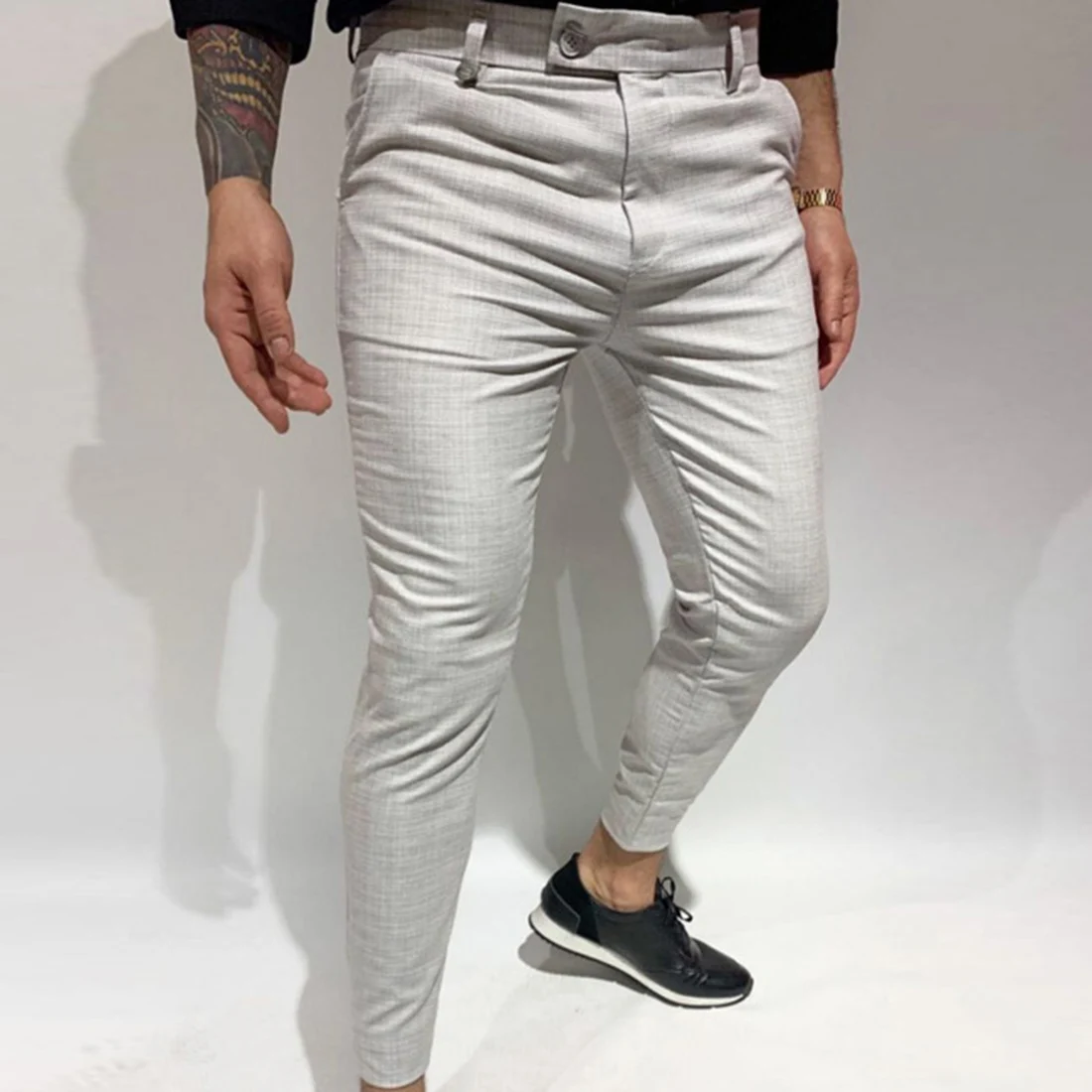 

Men's Casual Pants Plaid Social Slim Fit Black Trousers Zipper Mid Waist Skinny Business Office Work Party Male Summer Stretchy