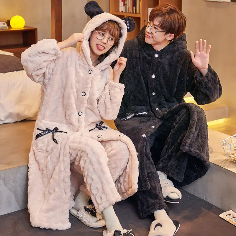 Nightgown Female Winter Long Coral Velvet Thickened Winter Lovers Female Bathrobe Male Flannel Pajamas Home Clothes  Robe Sets