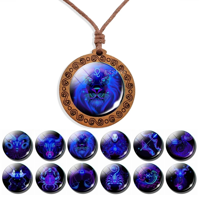 Деревянное ожерелье в ретро стиле с 12 созвездиями зодиака стеклянный кабошон