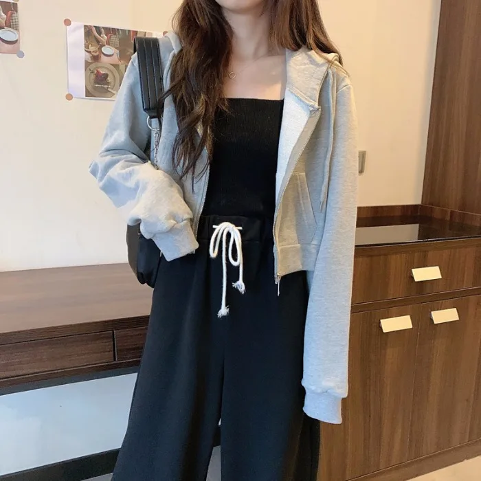 

Spring and Autumn 2021 New Korean Style Loose Casual Long-Sleeved Hooded Sweater Cardigan Coat Women's Fashionable Ins Short Top
