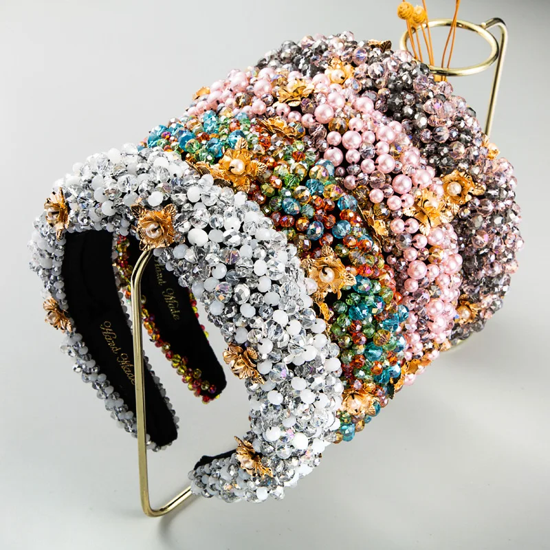 

Dvacaman New Hair Accessories Luxury Colorful Crystal Beaded Fabric Headband For Women Trendy CZ Pearl Flower Hairband Wholesale