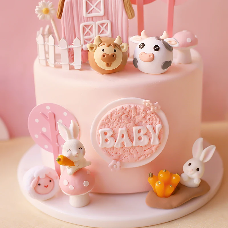 Счастливая ферма розовая корова и бык кролик овечка свинья торт Топпер на день