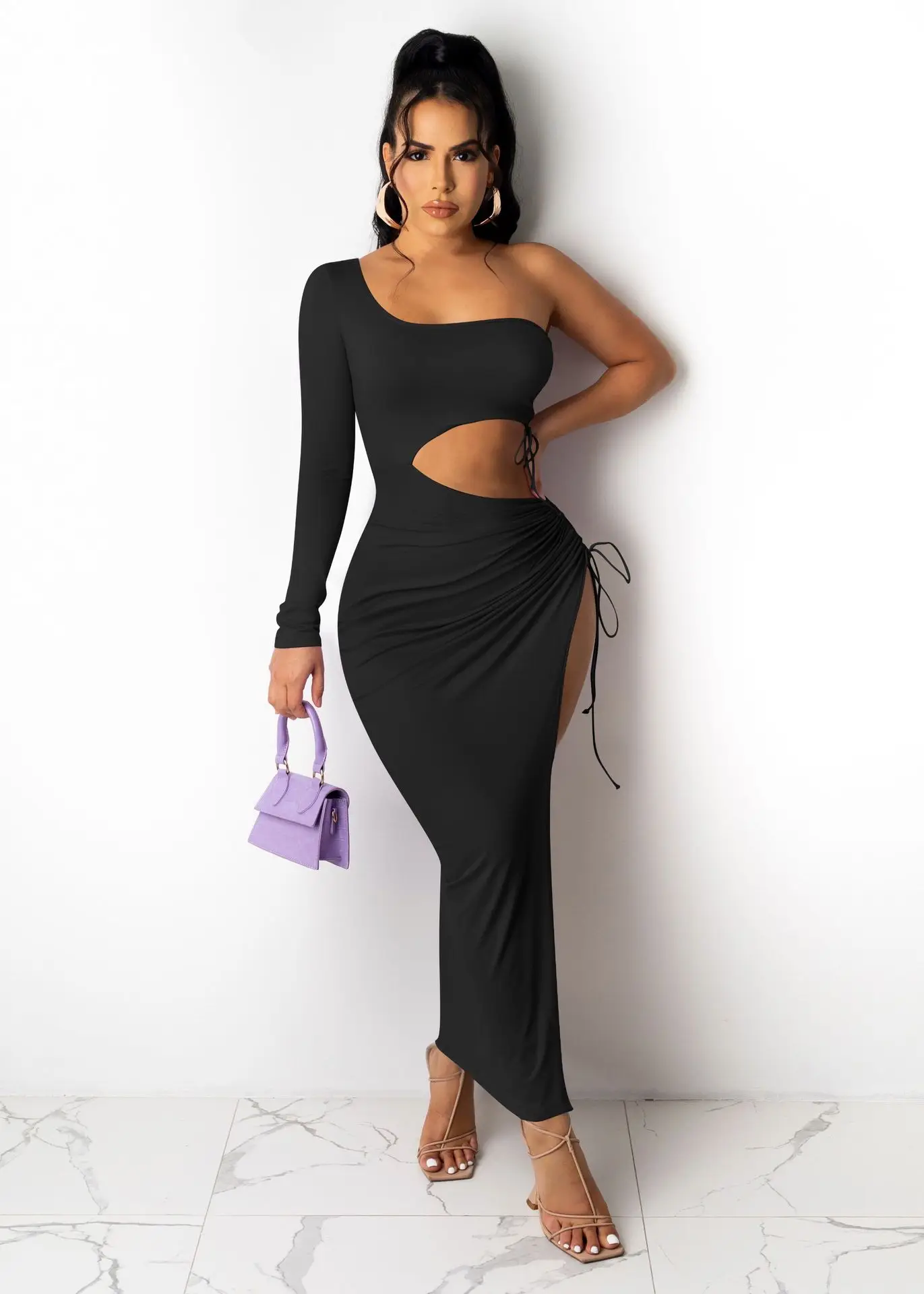 

731220 Wholesale items Women Party Night Club Irregular Alluring Solid Hollow Out Long Sleeve One Shoulder High Slit Maxi Dress