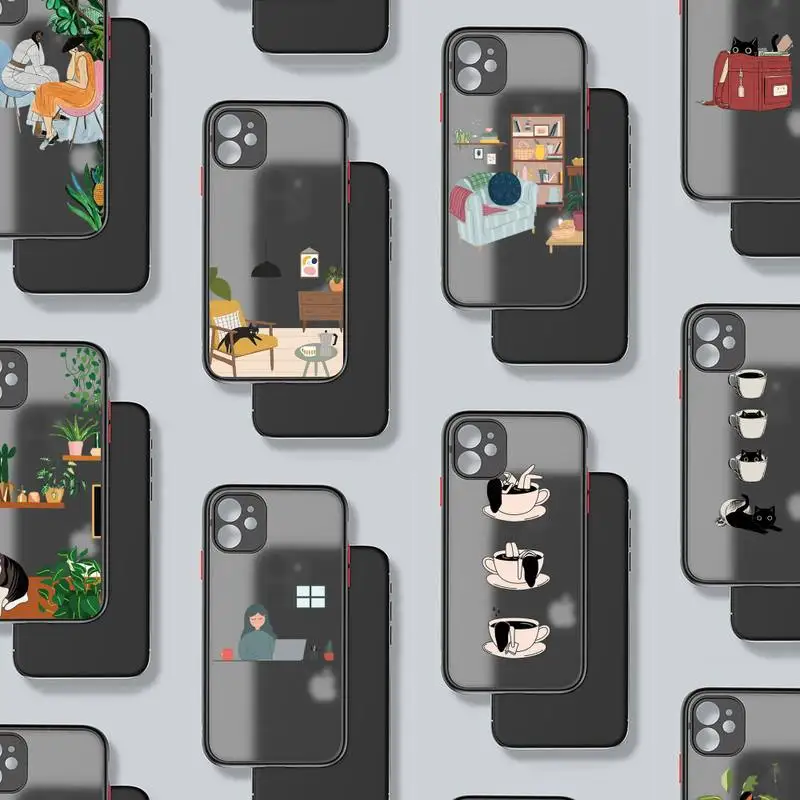 

Cartoon cute cat painting girl Phone Case black matte transparent For iPhone 7 8 x xs xr 11 12 pro plus mini max Clear Funda