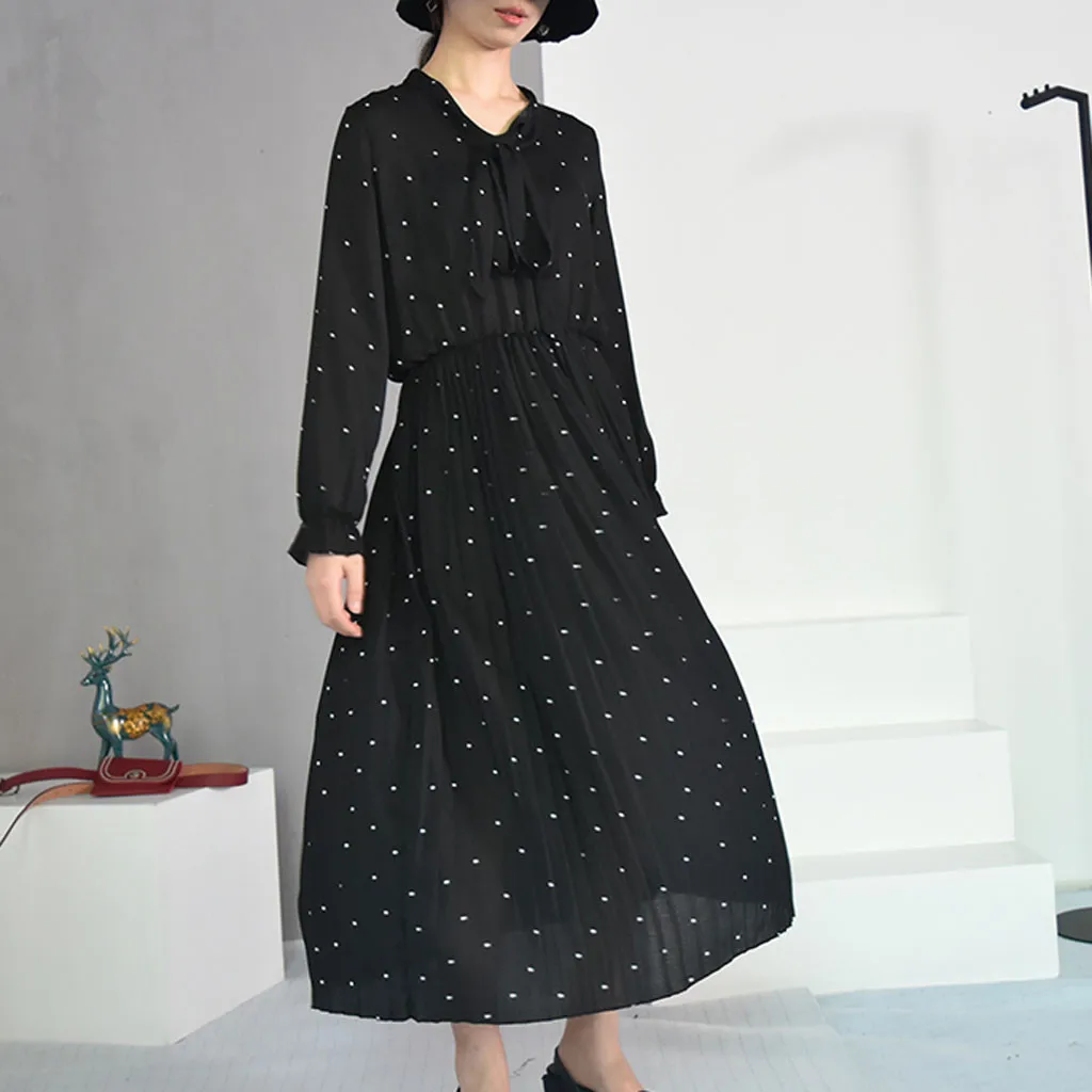 Женское шифоновое платье с v образным вырезом черное свободное в горошек размера