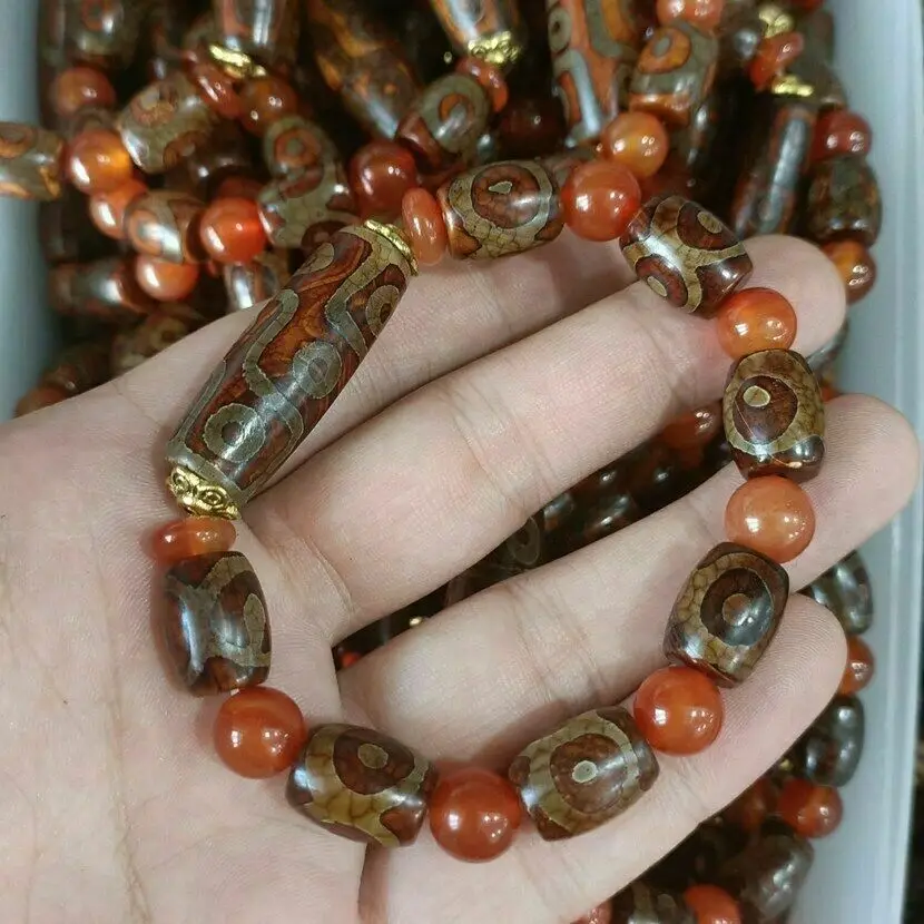 

Details about Old tibetan Old agate Double line & *9 eyes* Dzi Bead Bracelet