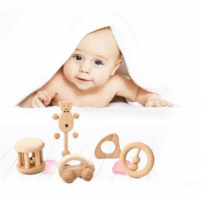 

No Paint Nursing Wooden Teether Wooden Rattles Baby Toys Puzzle Toys Newborn Toddler Infant Gift
