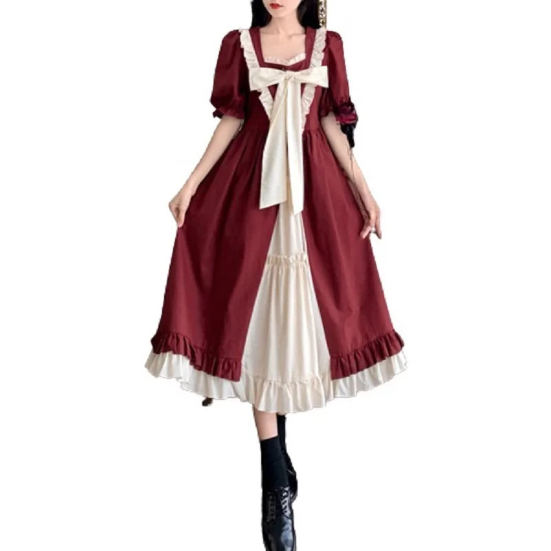 

PERHAPS U Sweet Vintage Square Collar Bow Spliced Puff Sleeve Ruffles Ball Gown Pleated Long Mid Calf Length Dress Lolita D3082