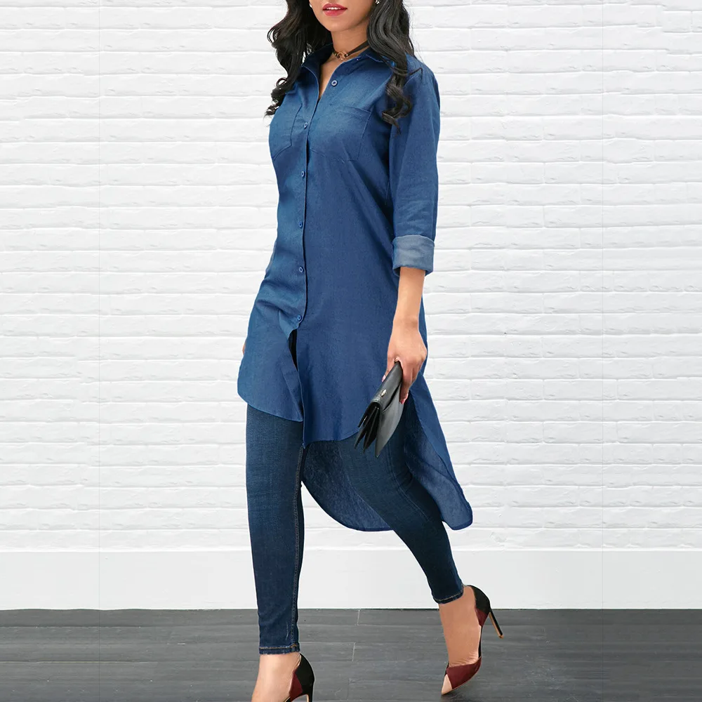 

Slim Long Sleeve Long Blouses Women Casual Blouses Asymmetrical Long Denim Blouse Shirt Women Turn-Down Collar Button Shirts