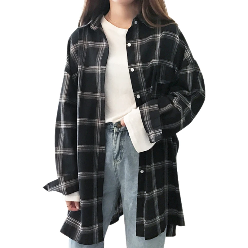 

Autumn Long Loose Blouses Falling Shoulder Long Sleeve Lapel Plaid Pocket Shirt Women.