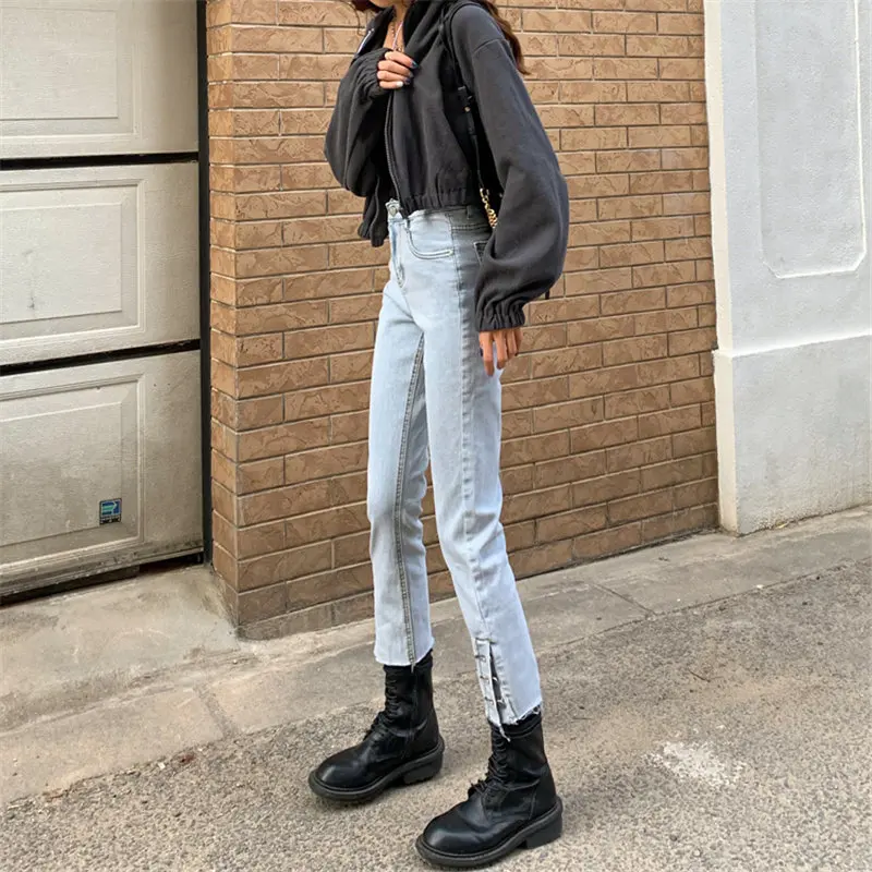 

Harajuku High Waist Split Pants Light Washed Slim Straight Jeans Denim Korean Chic All Match Fashion Elastic Trousers