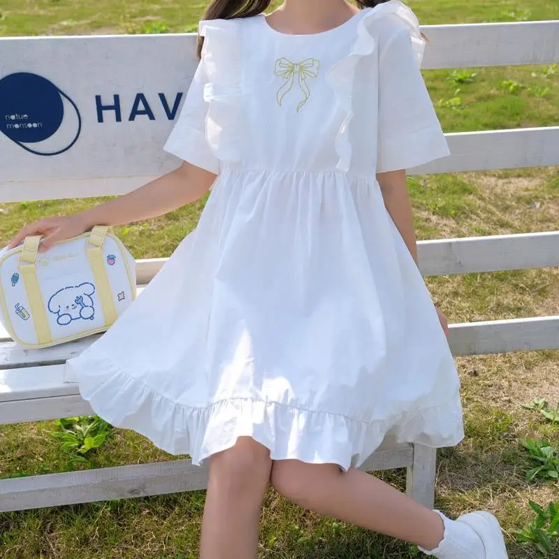 

QWEEK Soft Girl Kawaii White Ruffle Dress Women 2021 Casual Japanese Style Cute Short Sleeve Short Dresses Sundress