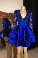shiny royal blue homecoming dresses short prom gowns knee length long sleeves sequin appliqued cocktail dress