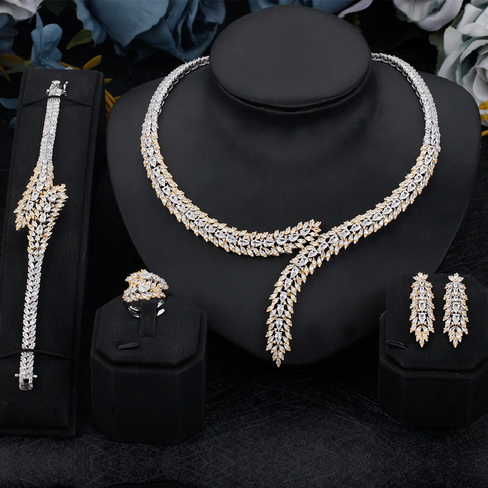 ?? 女性のための豪華なウェディングジュエリーセット,高品質のAAAキュービックジルコニアczネックレス,ゴールド,ドバイ,ブライダルセット,4個