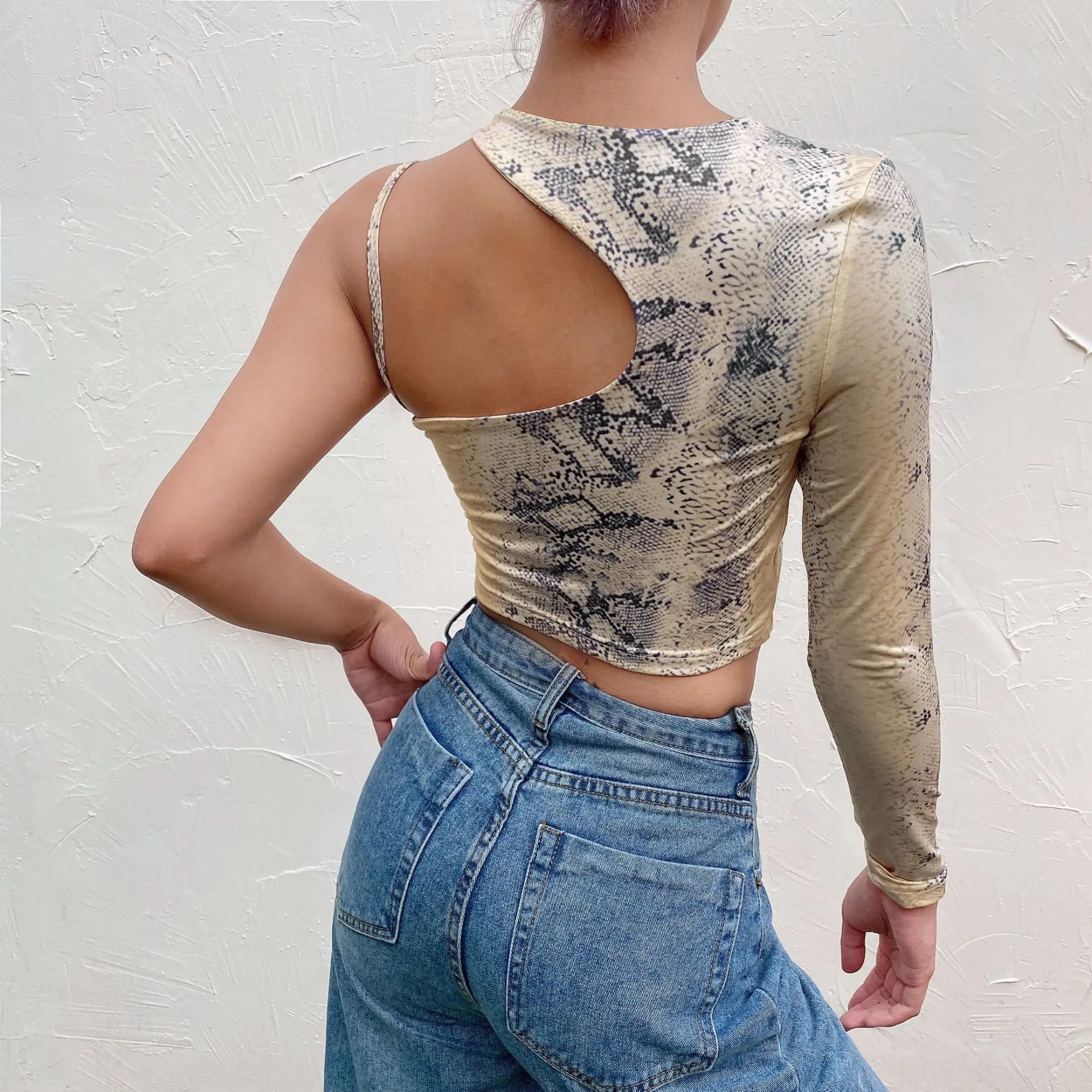 Женский топ с принтом змеиной кожи облегающая футболка длинным рукавом и