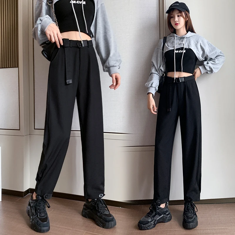 

Limiguyue Spring Cargo Pants Women High Waisted Loose Harem Pants Nine Points Korean Style Wide Leg Trousers Belt Pockets K189