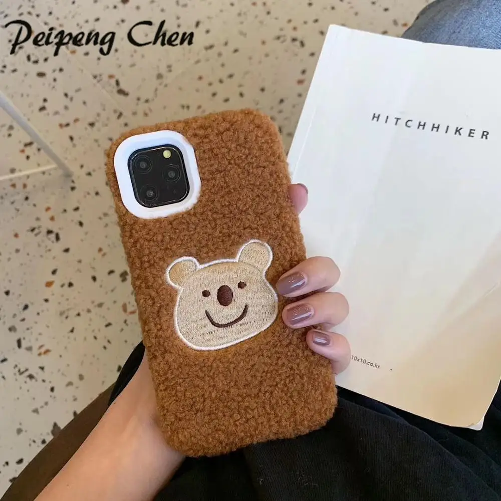 Teddy bear PEIPENG 3D милый животный плюшевый собачий Пушистый Теплый Меховой чехол для телефона для iPhone 7 Plus силиконовый чехол для iPhone X XS Mas 8 7 6 6s Plus XR - Цвет: Teddy bear
