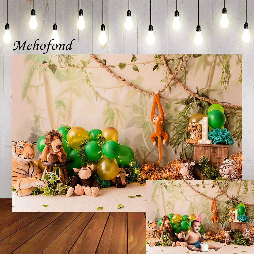 

Фон для фотосъемки Mehofond с изображением джунглей диких животных леса воздушного шара для мальчика торт на 1-й День рождения разбивает искусс...