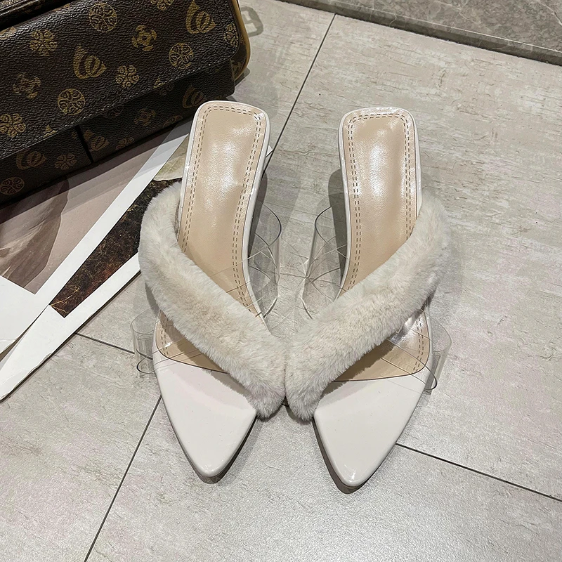 

Ladies Shoes Summer High-heeled Slippers Fashion Fluffy Plush Fashion Women's Shoes For Spring Summer Zapatillas De Mujer
