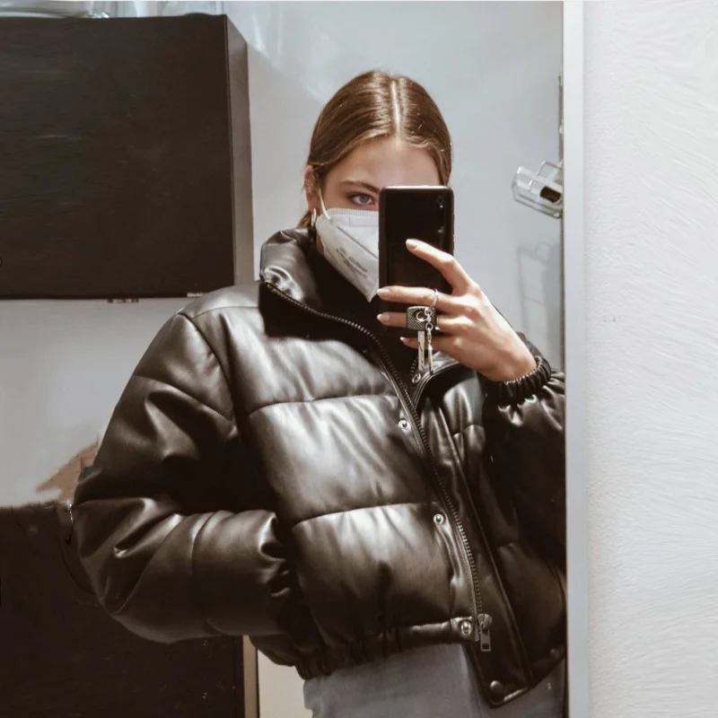 

CP Winter Thick Warm Short Parkas Women Fashion Black PU Leather Coats Women Elegant Zipper Cotton Jackets Female Ladies HZ