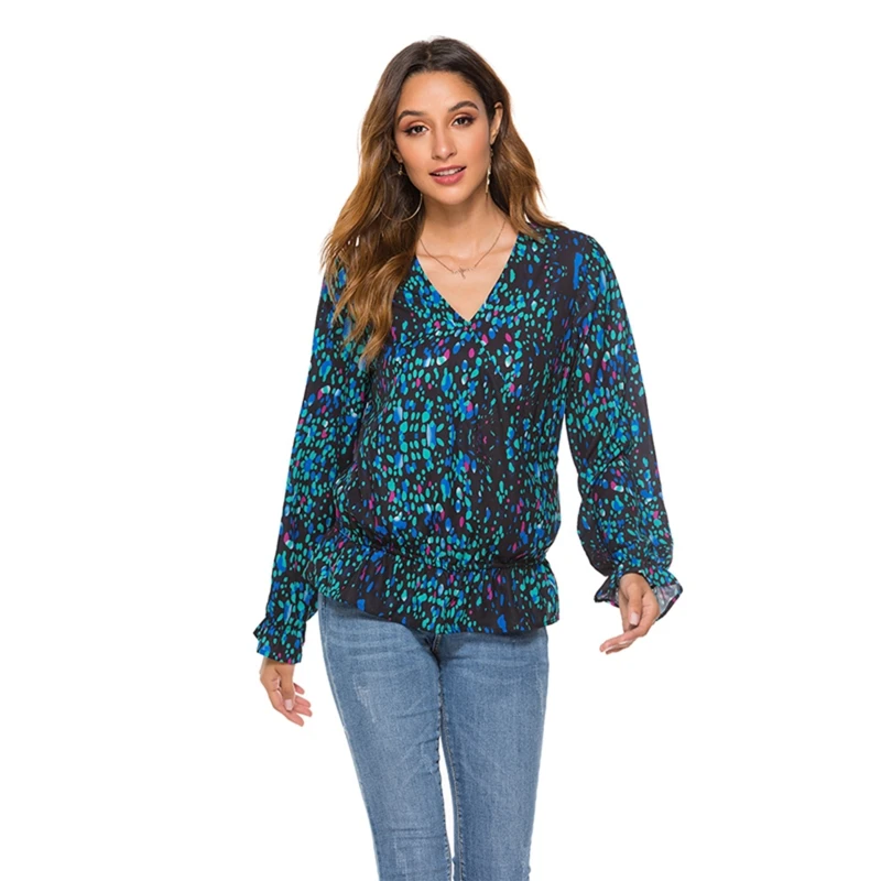 

Women Sexy V Neck Long Sleeve Blouses Tunic Shirt Fashion Printed Loose Pullover Tops Streetwear