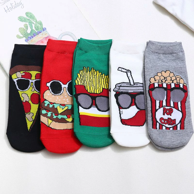 5 pairs of Women Short Japanese Cartoon Strawberry Fruit Avocado Socks French Fries Burger Cola Playing Cards Funny Ankle Socks