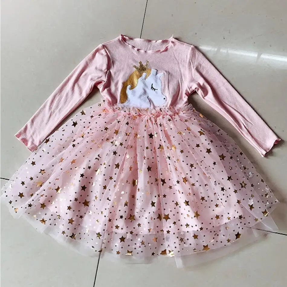 Baby Girl Cute Unicorn Dresses Autumn Long Sleeve Knitted Girls Dress Christmas Party Star Mesh Princess Children Clothing | Детская