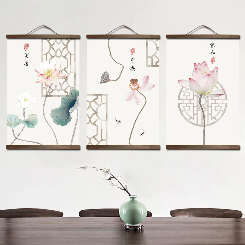 

chinese style Lotus green plants canvas decorative painting Store bedroom living room wall art solid wood scroll paintings