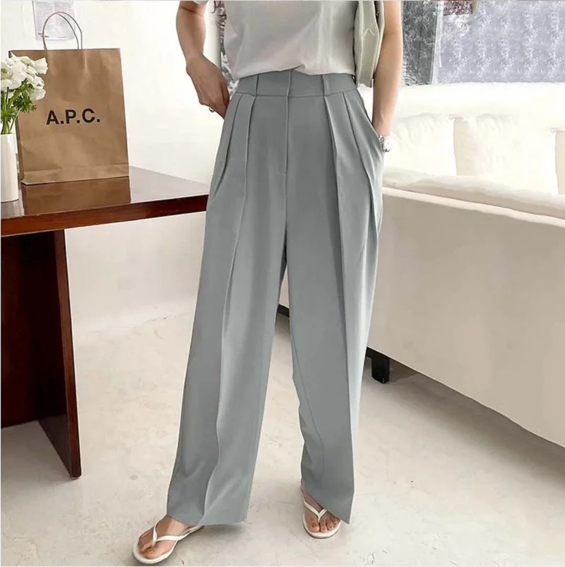 

Women Pants 2021 Summer Korea Chic Temperament High Waist Pleated Design Loose Casual Drape Straight Wide-Leg Suit Pant