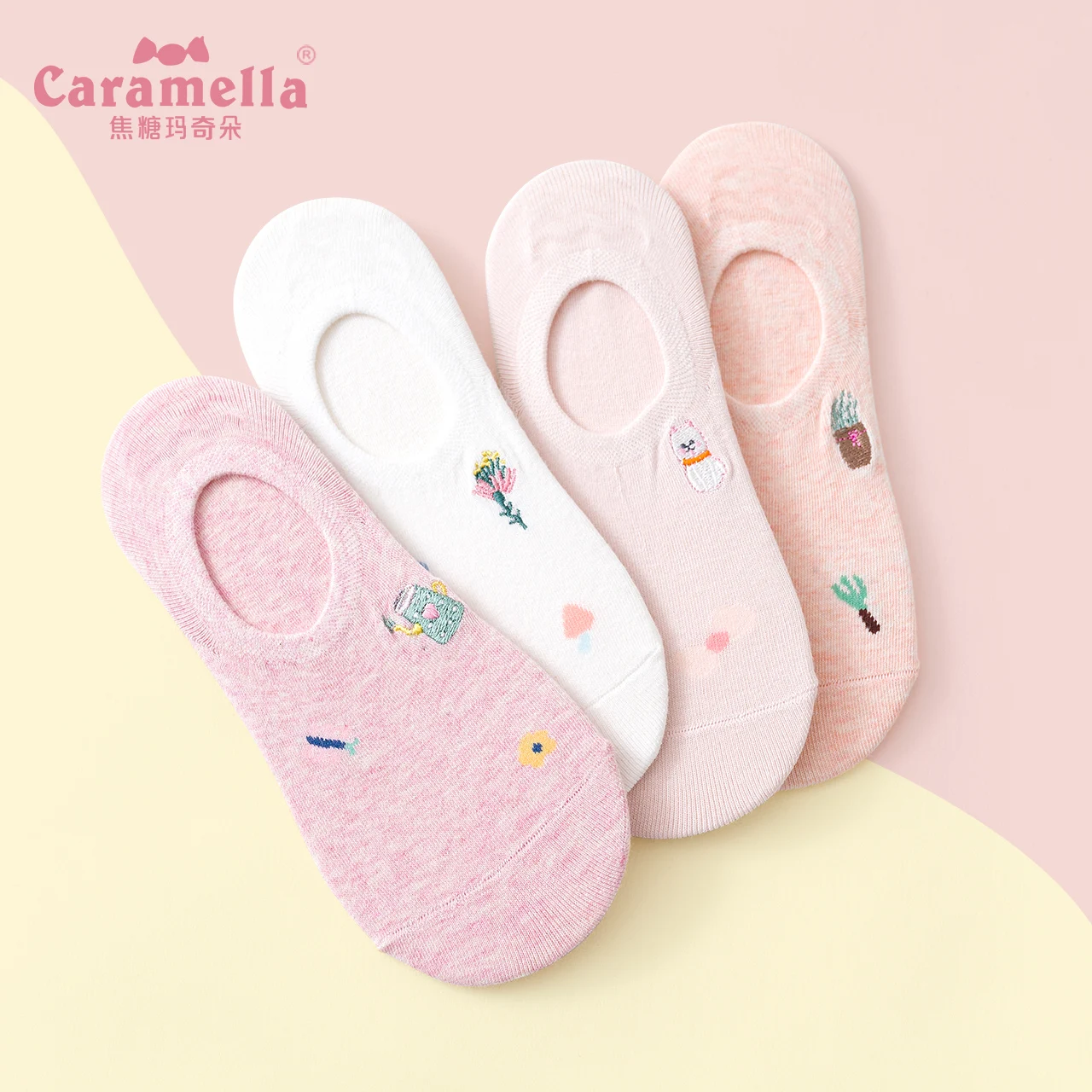 

4 пары Caramella женские розовые хлопковые носки невидимые носки-невидимки противоскользящей подошве, сезон лето Алисы Secret Garden вышитые силиконо...