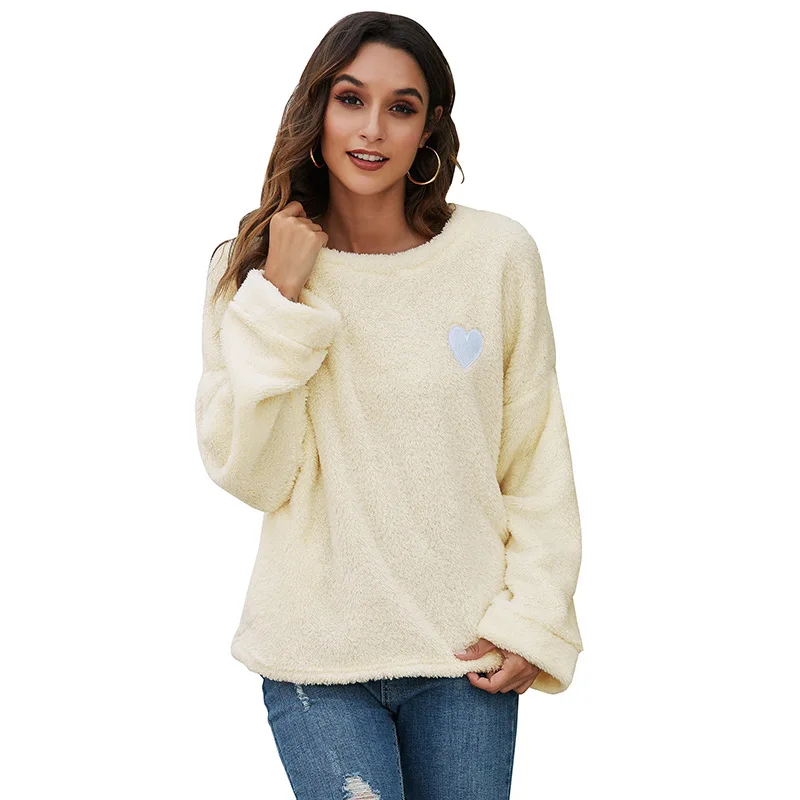 

Spring And Summer 2021 Popular Round Neck Love Embroidery Loose Plush Sweater Sweatshirt Women