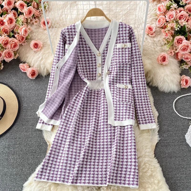 

Small Fragrance Dress Suits Autumn Winter Houndstooth Knitted Two Piece Set Women Cardigan Coat + Dress Sets Fashion 2 Piece Set