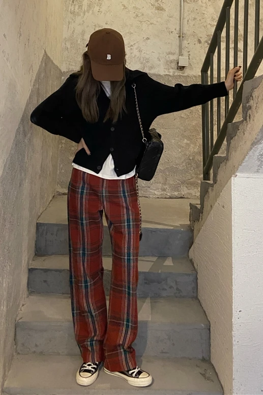 

2021 Autumn And Winter Tweed Plaid Pants Loose High Waist Wide Leg Pants Pants