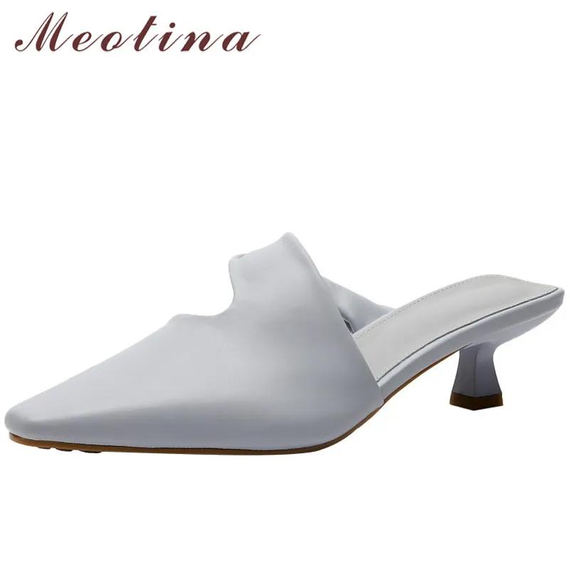 

Meotina Genuine Leather Mules Shoes Woman Med Heels Fashion Square Toe Pumps Stiletto Heel Female Dress Footwear White Size 40