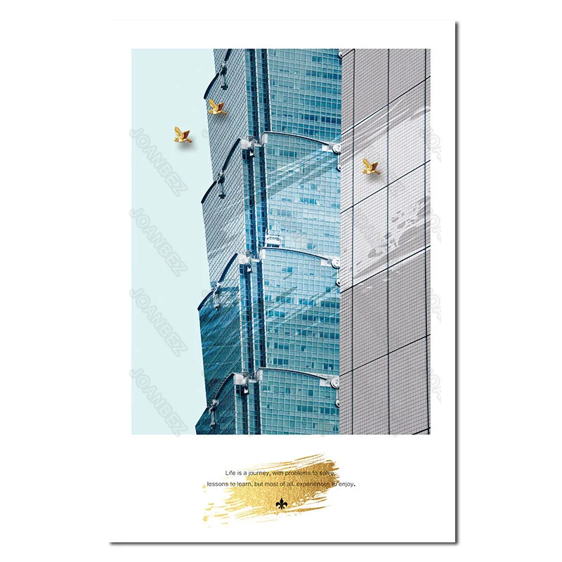 

European blue ocean sea flying bird construction tall building white background decoration poster wallpaper furniture art