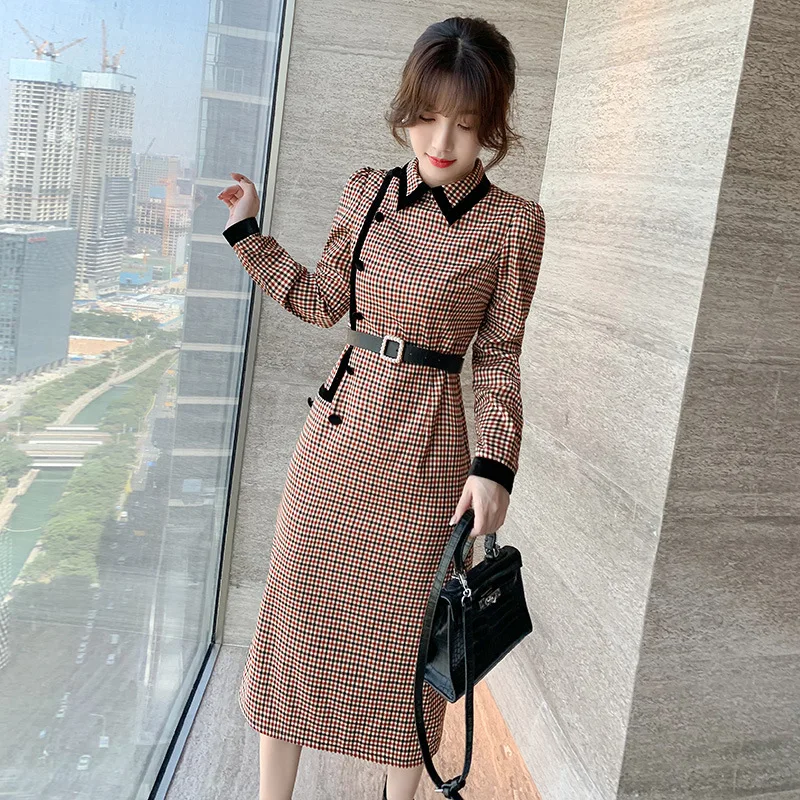 

2021 Women Khaki Plaid Dress Korea Vintage Aesthetic Clothes Woman High Waist Slim Body Dresses Cute Turn Down Collar Streetwear