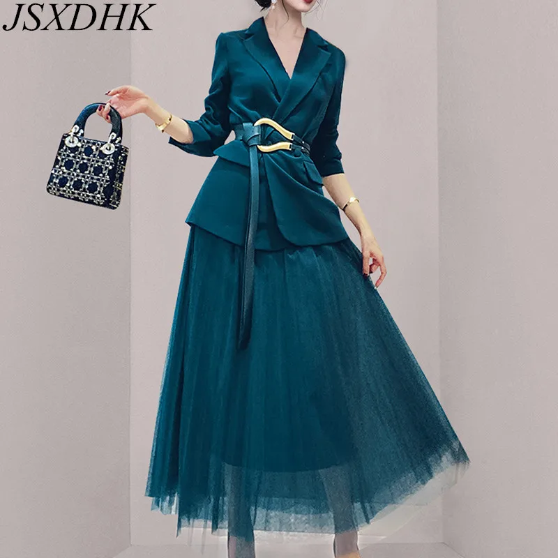 

JSXDHK Designer Skirt Suit Elegant Autumn Women Notched Lace Up Blazers Coat + Mesh Pleated Long Skirts Set Female Two Piece Set