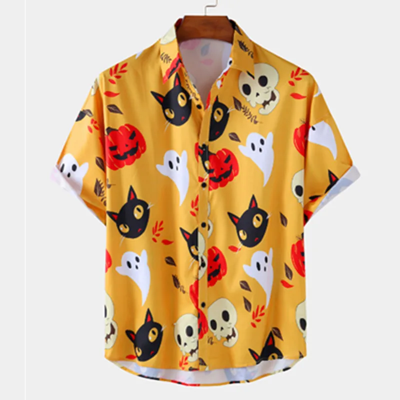 

Men Oversized Vintage Shirt Summer New Hawaiian Short Sleeve Shirt Mens Halloween Beach Casual Shirts Man Hemd Pumpkin Printed