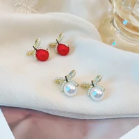 new korea elegant temperament light luxury pearl bow retro red stud earrings for women vintage diy jewelry earrings accessories