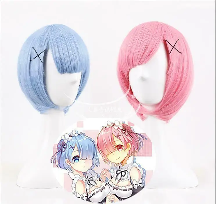 Аниме Re: жизнь в другом мире от Zero Ram Rem короткий синий розовый парик косплей