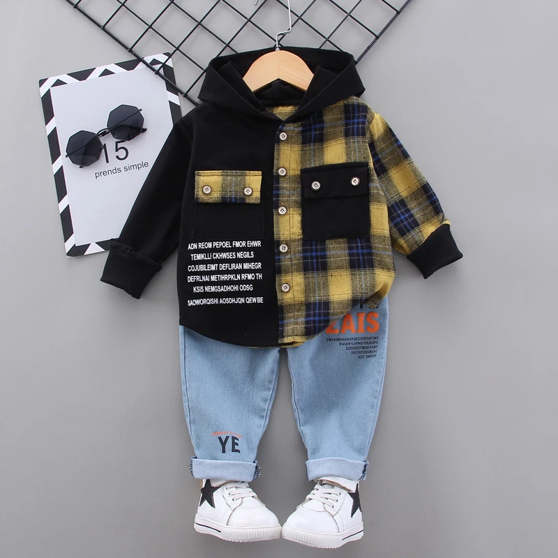 

Children Stitching Plaid Hooded Long-Sleeved Boy Spring Fashion Shirt Casual Suit Pants Two-Piece Suit Halloween Boys Clothes