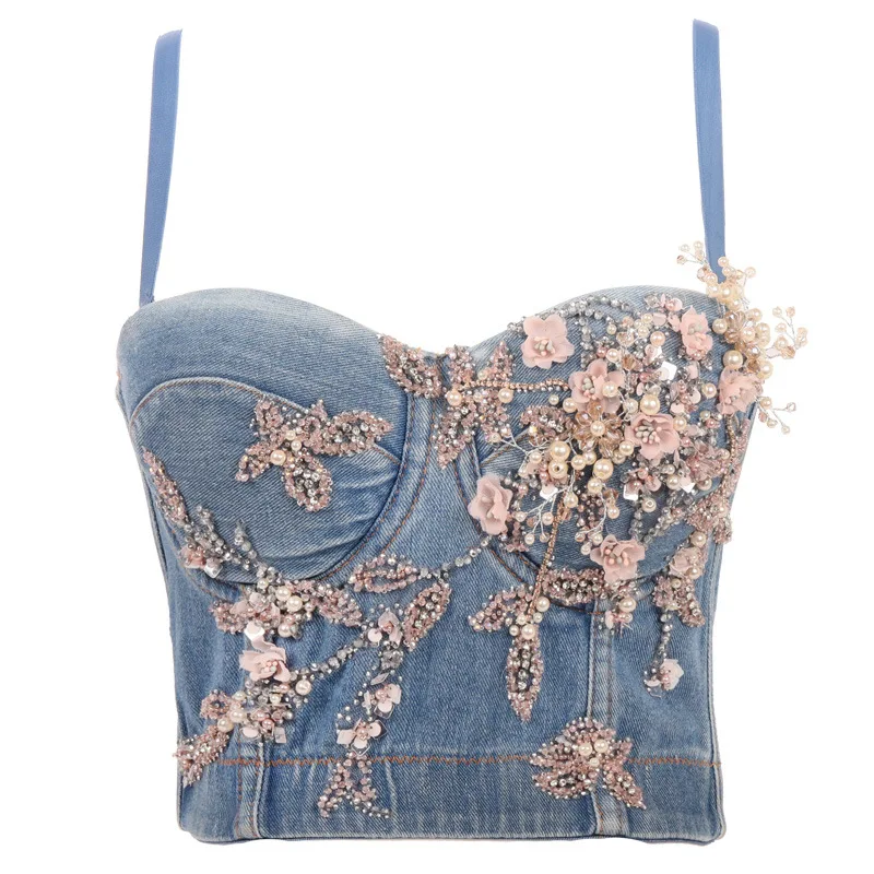 Sexy Spaghetti Strap Backless Denim Performance Camis 2020 Fashion Patchwork Iron Tree Shiny Pearl Push Up Sleeveless Crop Tops