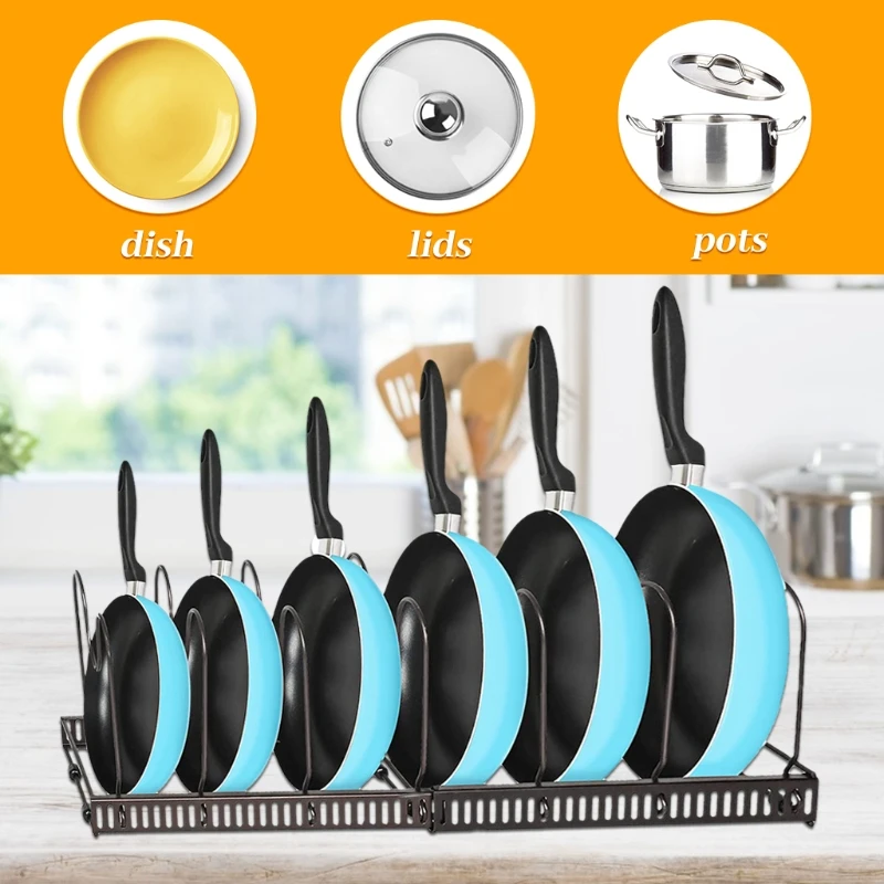 

Adjustable Pot Rack Kitchen Pot and Pan Organizer Shelf 7 Dividers Expandable Pot Holder with Non-slip Silicone Pad
