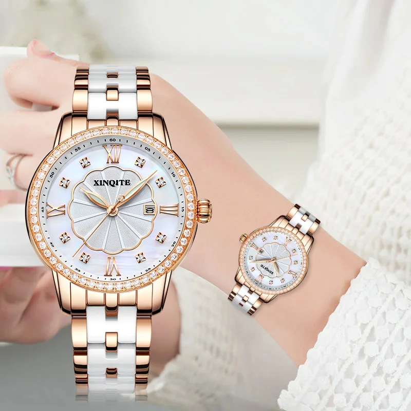 Роскошные женские часы с керамической вставкой кварцевые наручные бриллиантами