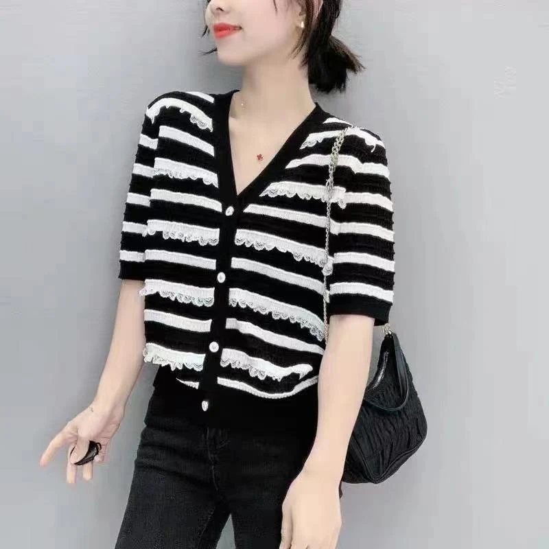 

2021 Real 20504 (no. 2 In 1 Room 4) Not Make Web Celebrity Figure V-neck Stripe Knitting Cardigan [2021] 34 with Short Sleeves