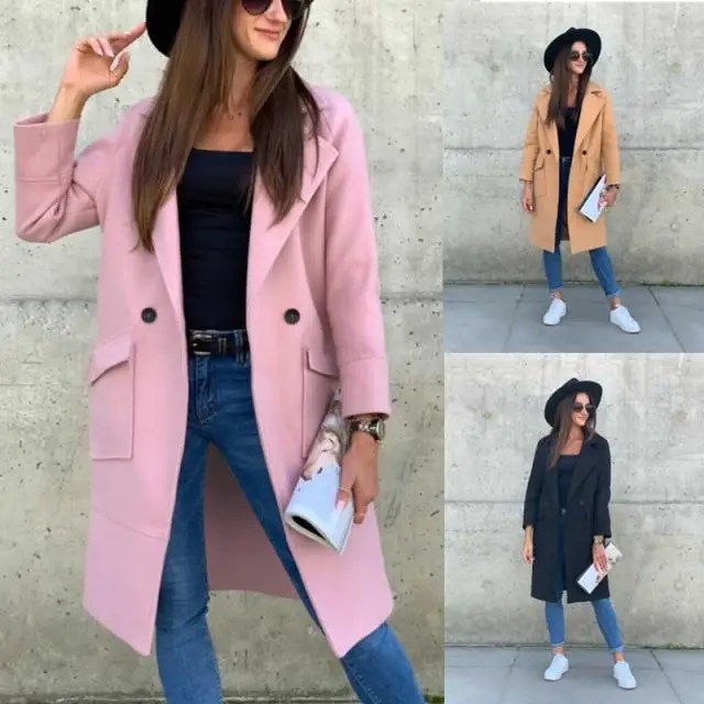 

Women's Casual Coat 2021 Autumn Winter New Loose Long Sleeve Pocket Decoration Solid Color Coat Leisure Ladies Wear