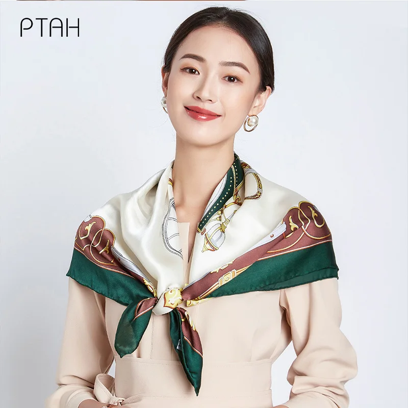 

[PTAH] Fashion Elegance Silk Scarf Women Lightweight Small Square Neckerchief Breathable Print Scarf High Quality Casual 86*86cm