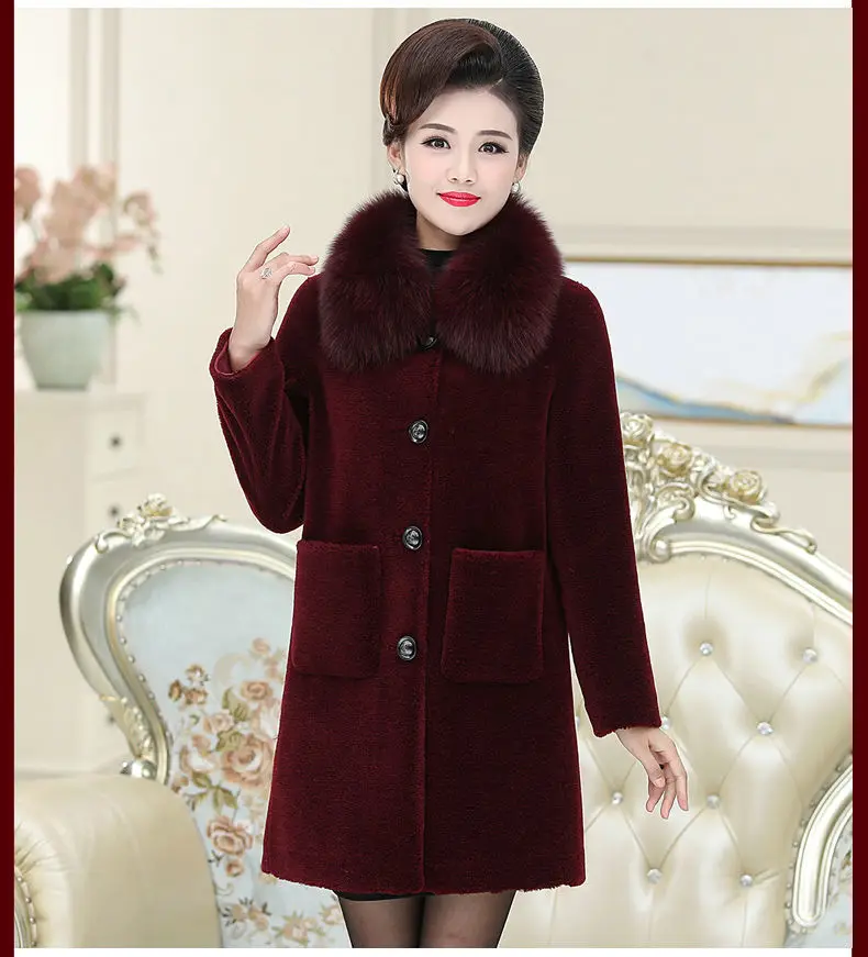 

2020 Winter Middle Age Women Korean Real Fox Fur Collar Hooded Coat Female Vintage Sheep Shearling Warm Plush Overcoats H121