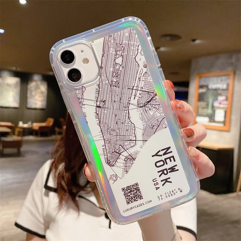 INS Bar Label Seoul New York Soft Silicon Phone Case For iPhone 14 13 12 11 Pro 7 8 Plus X XS XR MAX Laser light glisten cover